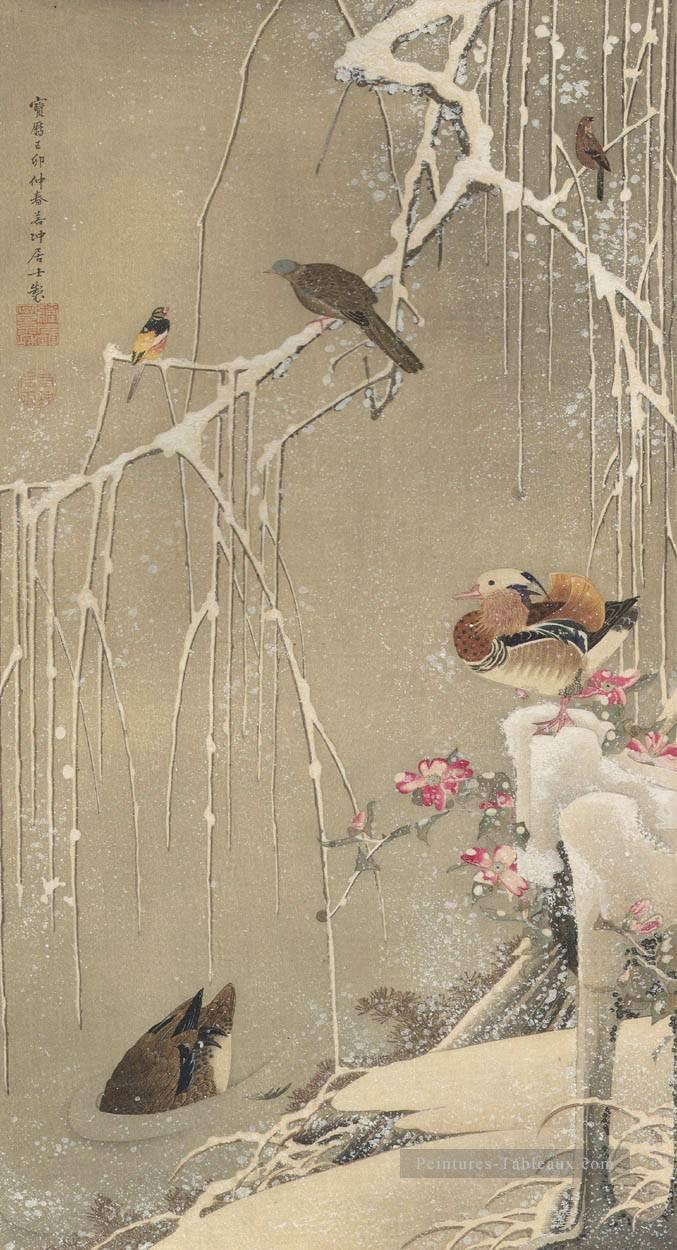 saule et canards mandarin dans la neige ITO Jakuchu japonais Peintures à l'huile